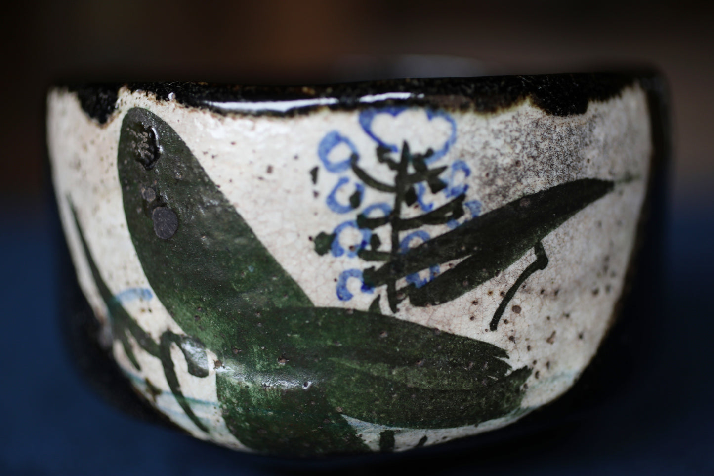 Matcha bowl Japanese vintage CHAWAN "kenzan" kyo-ware with flower, Signed, Tea Ceremony with a box