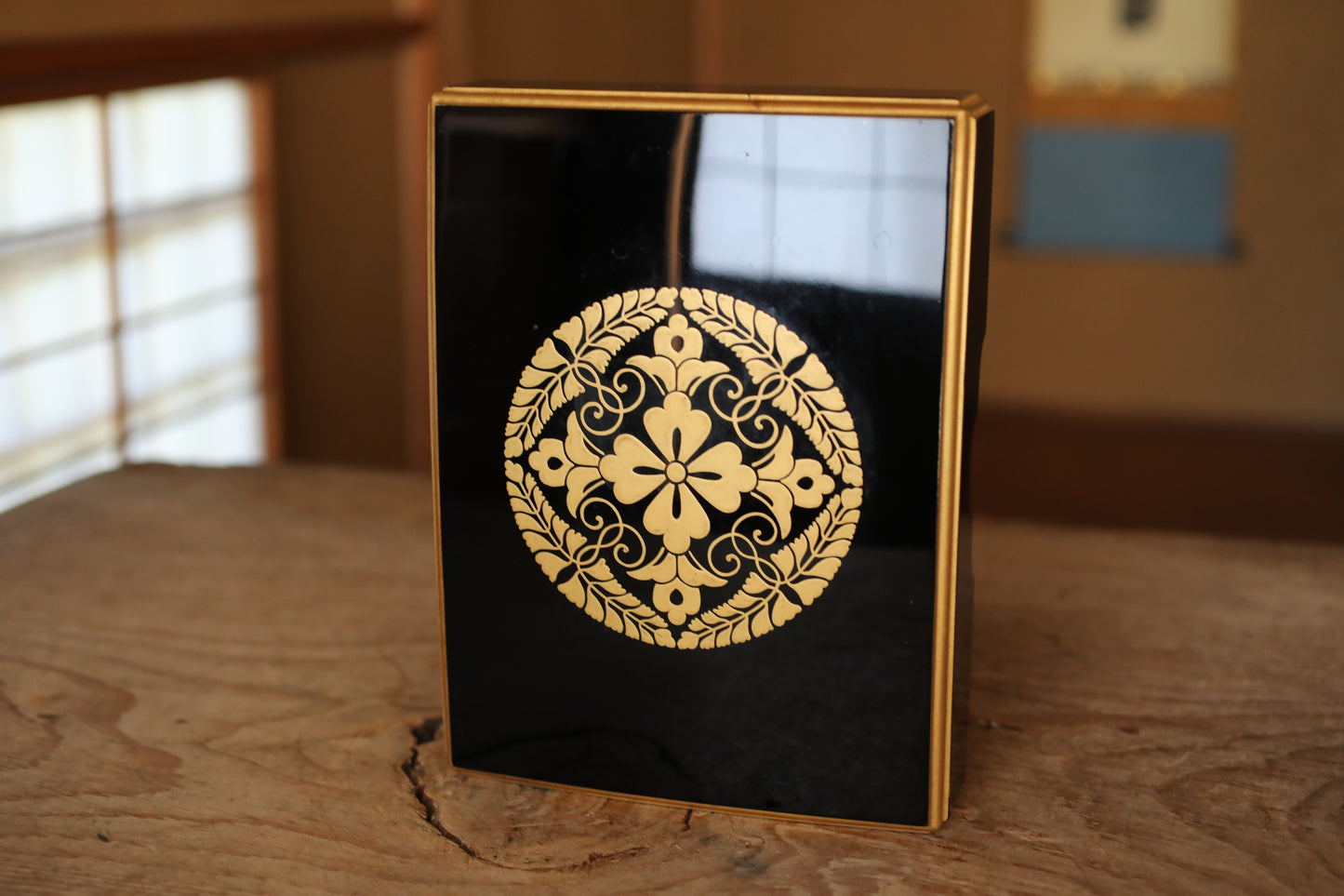 Japanese Maki-e Lacquer Box, Gold Wisteria Crest, Sutra Storage