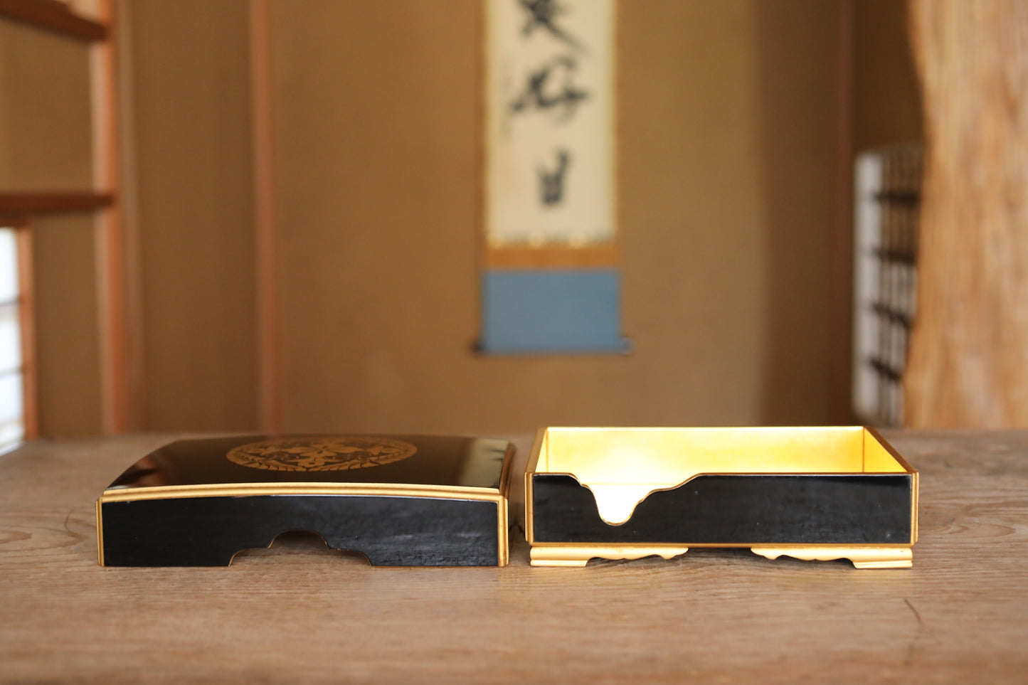 Japanese Maki-e Lacquer Box, Gold Wisteria Crest, Sutra Storage