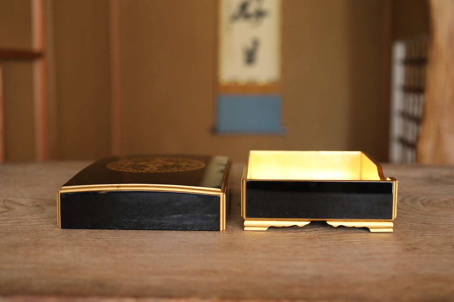Japanese Maki-e Lacquer Box, Gold Wisteria Crest, Sutra Storage