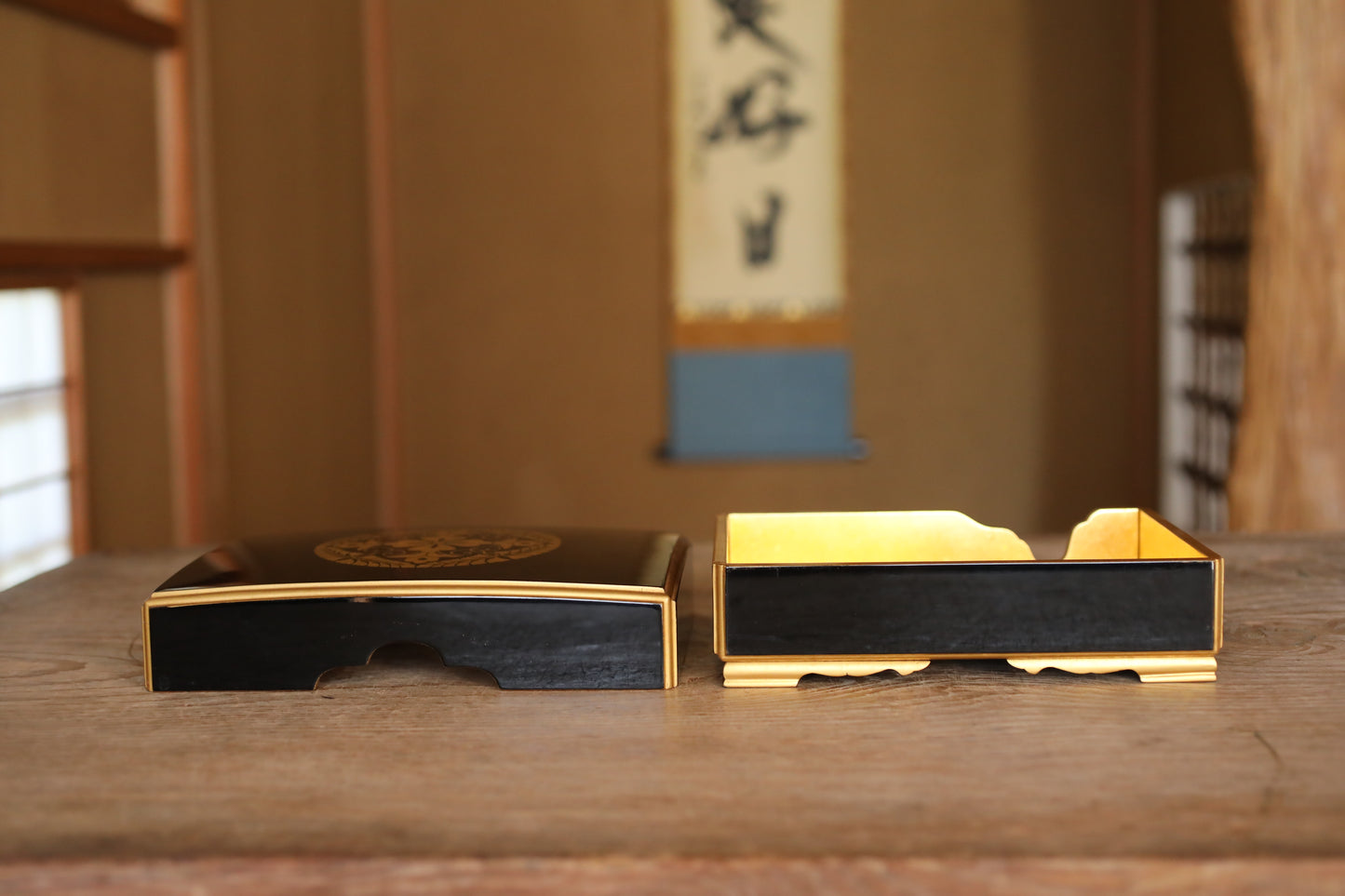 Japanese Maki-e Lacquer Box, Gold Wisteria Crest, Sutra Storage