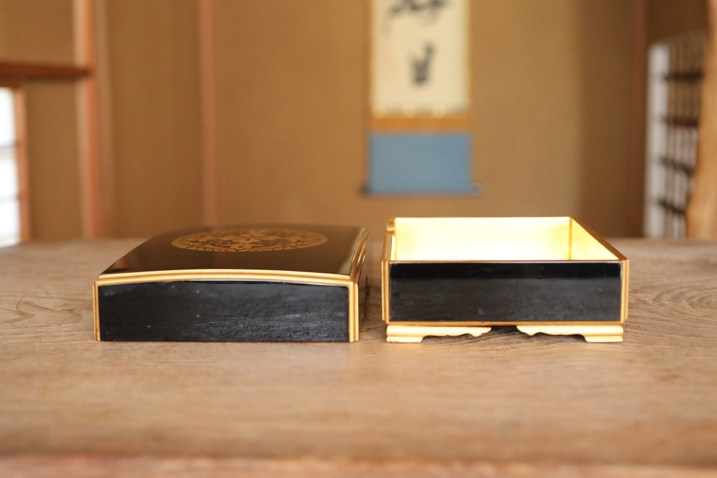 Japanese Maki-e Lacquer Box, Gold Wisteria Crest, Sutra Storage