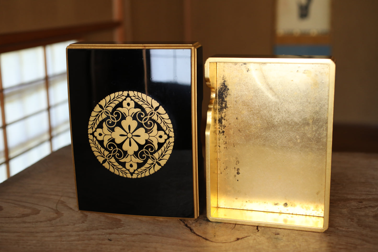 Japanese Maki-e Lacquer Box, Gold Wisteria Crest, Sutra Storage