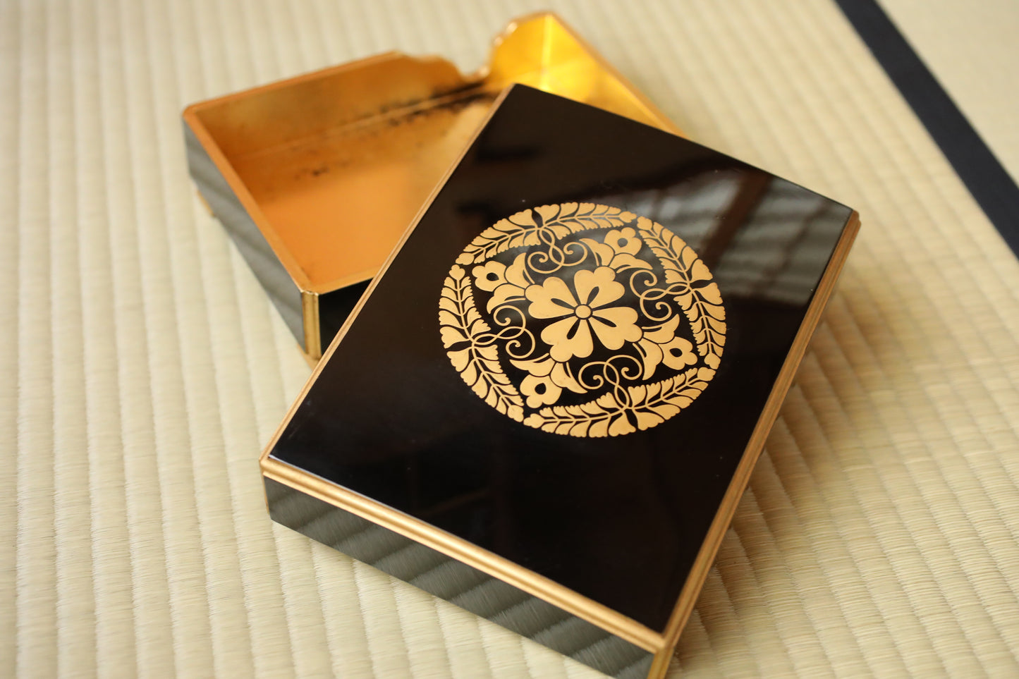 Japanese Maki-e Lacquer Box, Gold Wisteria Crest, Sutra Storage
