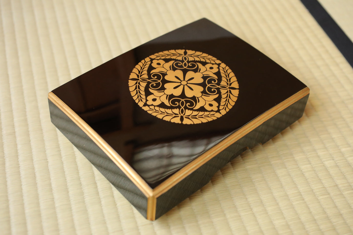 Japanese Maki-e Lacquer Box, Gold Wisteria Crest, Sutra Storage