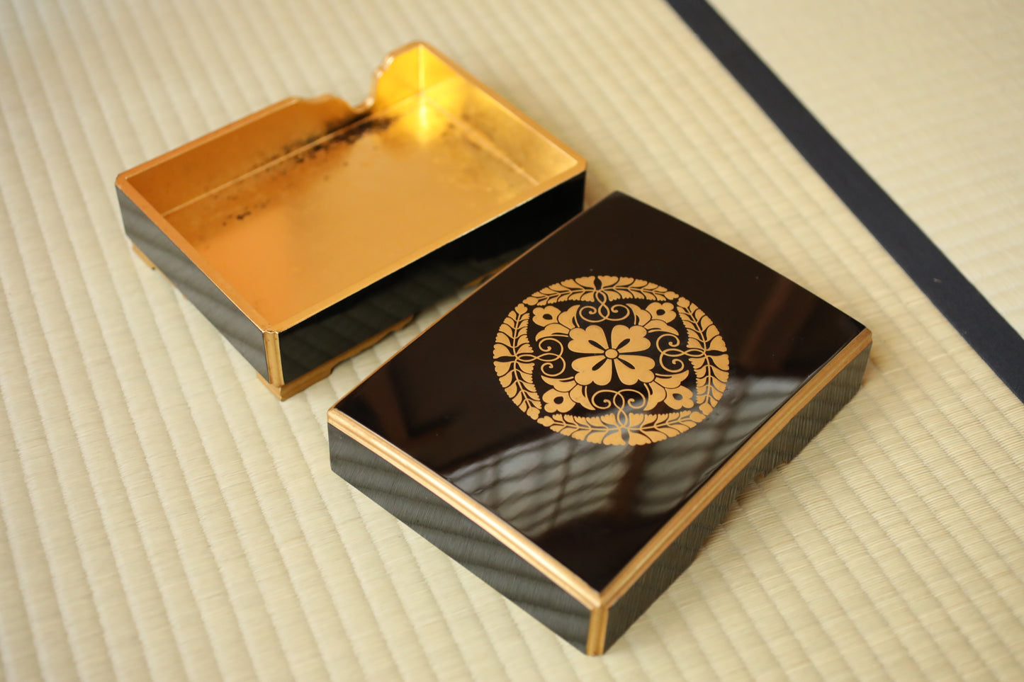 Japanese Maki-e Lacquer Box, Gold Wisteria Crest, Sutra Storage