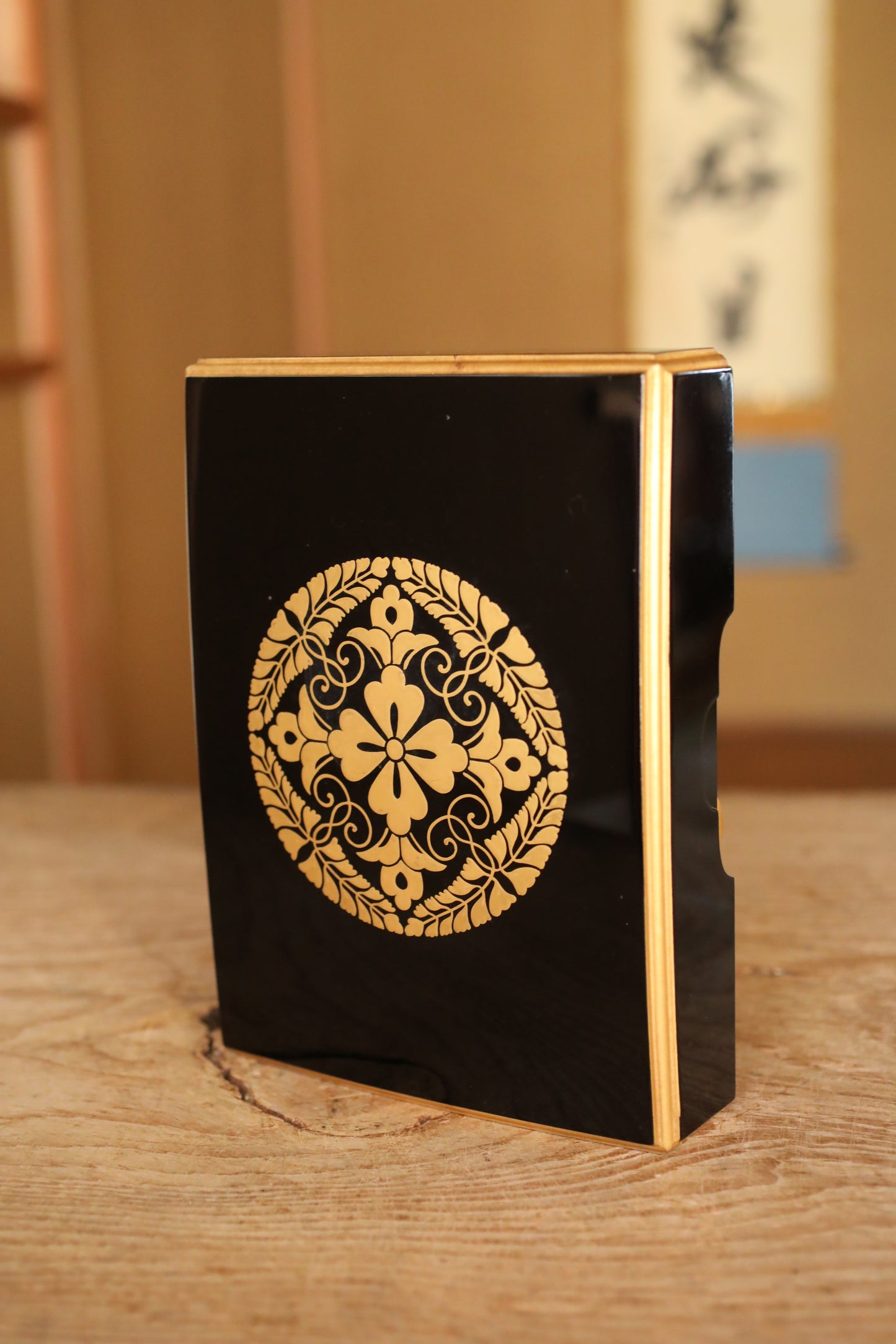 Japanese Maki-e Lacquer Box, Gold Wisteria Crest, Sutra Storage