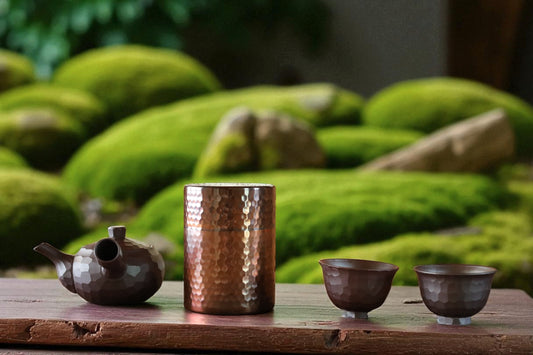 Japanese copperr tea caddy with signed, leaf canister with double lids, hand hammered , metal handcraft H4.8×3.5in/H12.2×9cm