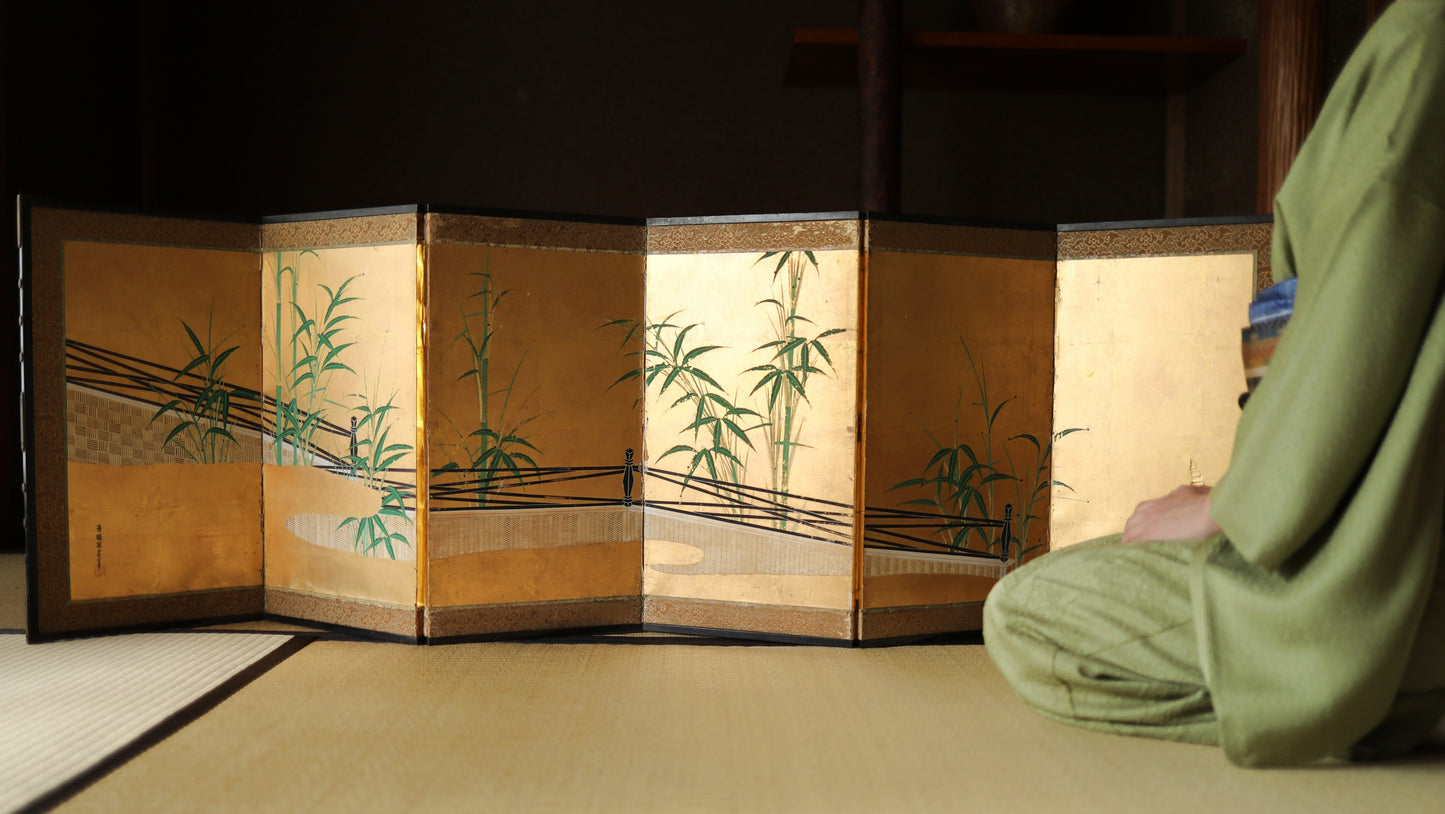 FINE! Japanese antique furniture 1700s EDO Byobu wind screen hand painting, Real Gold background with bamboo with sign W55.1in/H140cm