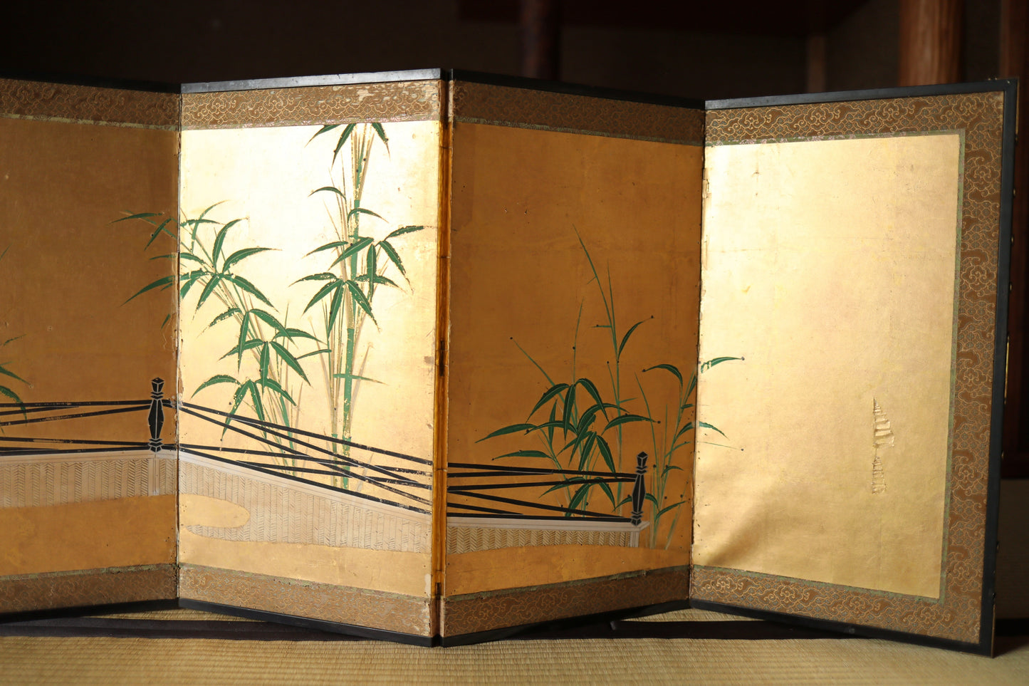 FINE! Japanese antique furniture 1700s EDO Byobu wind screen hand painting, Real Gold background with bamboo with sign W55.1in/H140cm