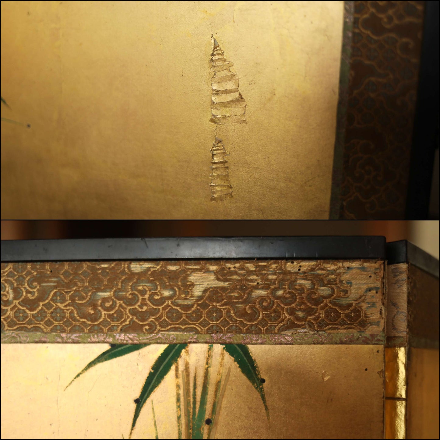FINE! Japanese antique furniture 1700s EDO Byobu wind screen hand painting, Real Gold background with bamboo with sign W55.1in/H140cm