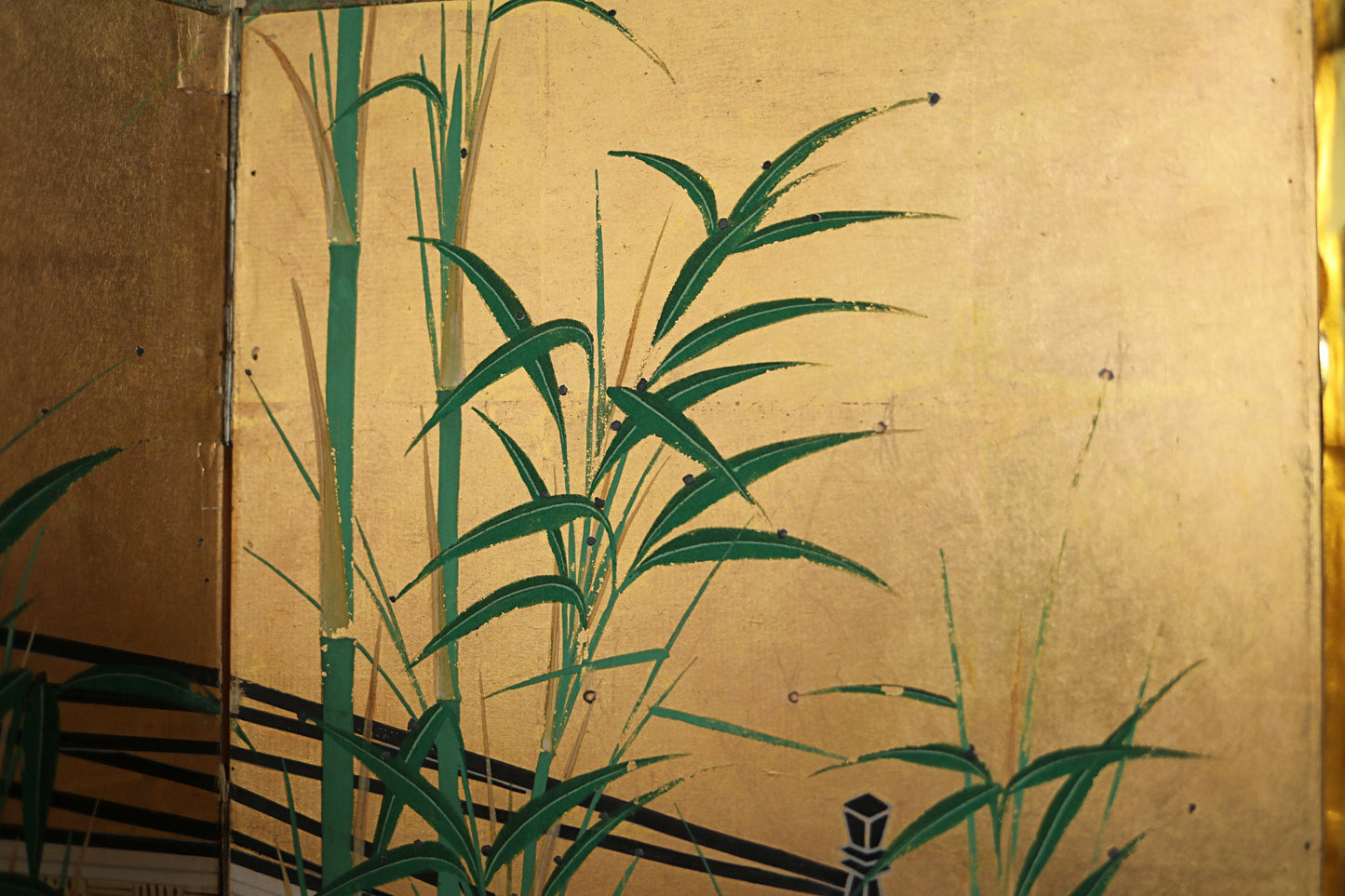 FINE! Japanese antique furniture 1700s EDO Byobu wind screen hand painting, Real Gold background with bamboo with sign W55.1in/H140cm