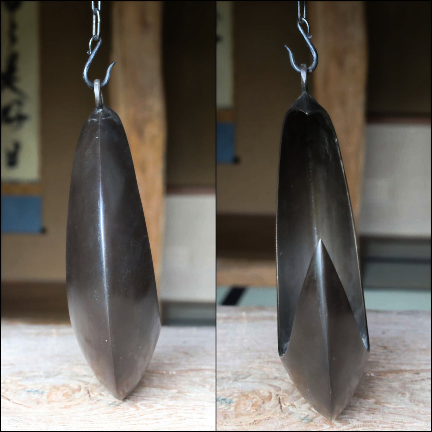 FINE! Japanese vintage Bronze hanging vase, crescent moon shaped with chain in 1970s, for IKEBANA Tea ceremony H13xW11.8in/H33×30cm
