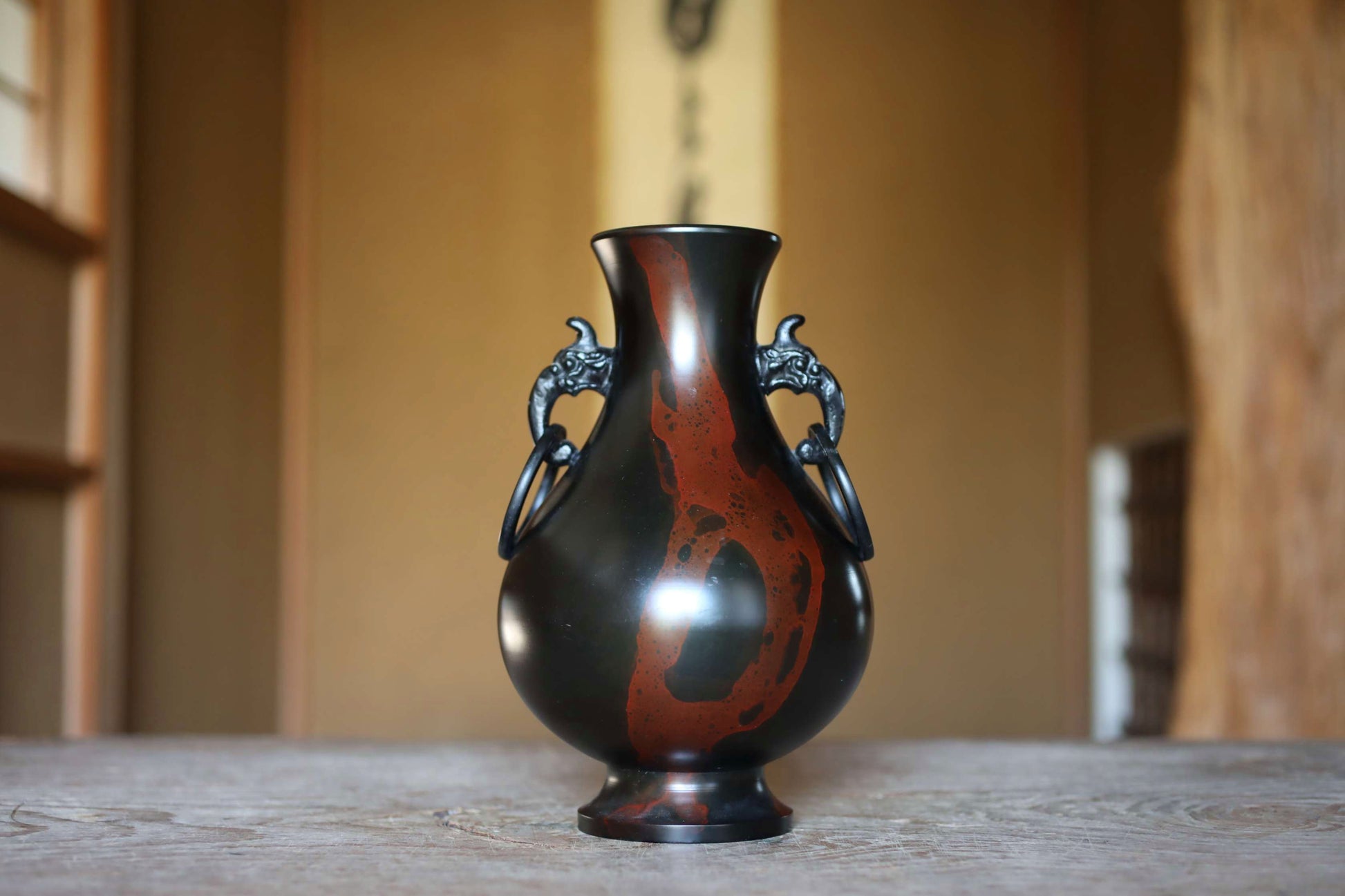 vintage bronze vase black red marble