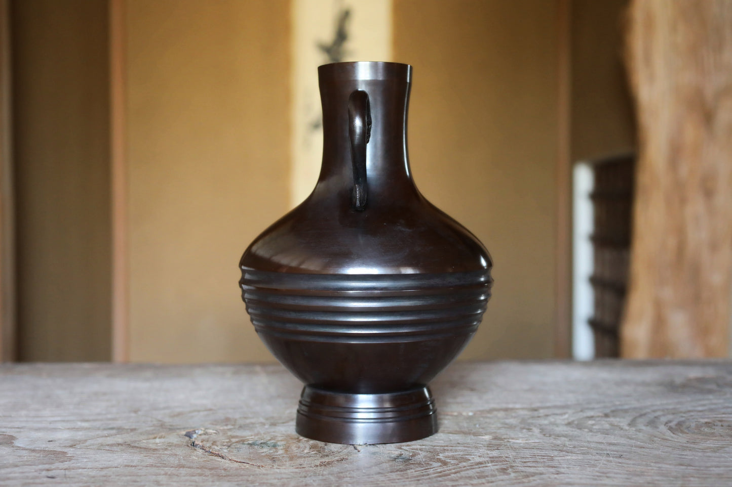 FINE! Japanese vintage 1960s Bronze flower vase dark brown with beautiful dragons ears with 天龍  sign furniture H9.4in/H24cm