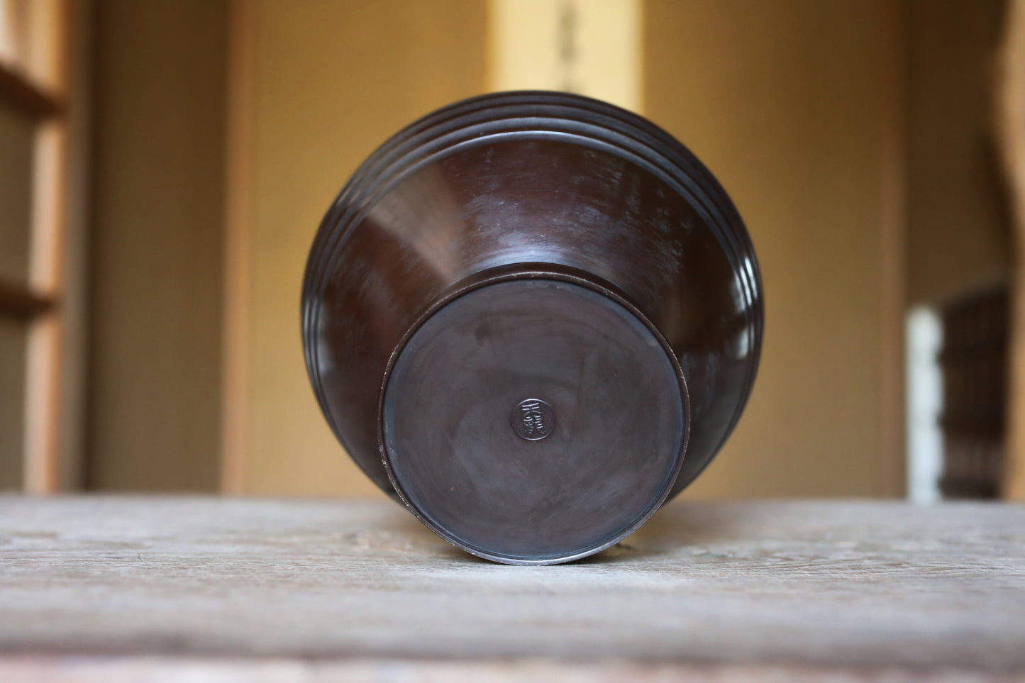 FINE! Japanese vintage 1960s Bronze flower vase dark brown with beautiful dragons ears with 天龍  sign furniture H9.4in/H24cm