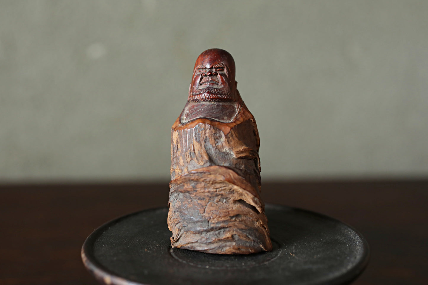 Japanese antique mini sharp eyes DARUMA doll wood slab Burl Sculpture, OMAMORI ZEN master, buddhist monk hand craft art H3.3in/H8.5cm