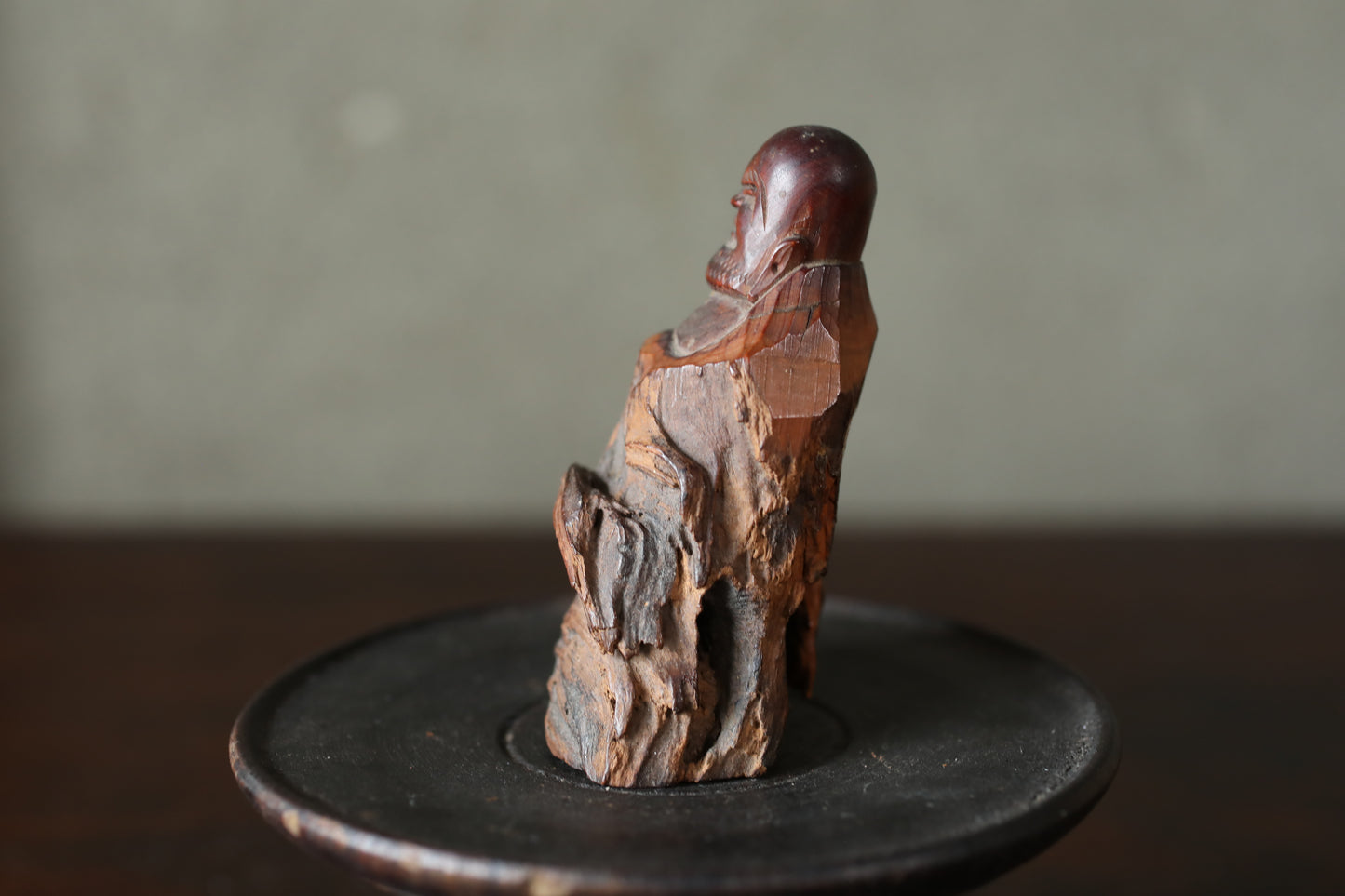 Japanese antique mini sharp eyes DARUMA doll wood slab Burl Sculpture, OMAMORI ZEN master, buddhist monk hand craft art H3.3in/H8.5cm