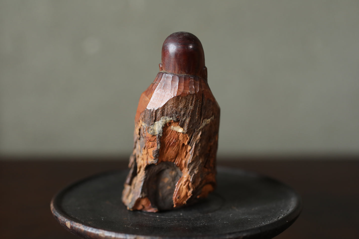 Japanese antique mini sharp eyes DARUMA doll wood slab Burl Sculpture, OMAMORI ZEN master, buddhist monk hand craft art H3.3in/H8.5cm