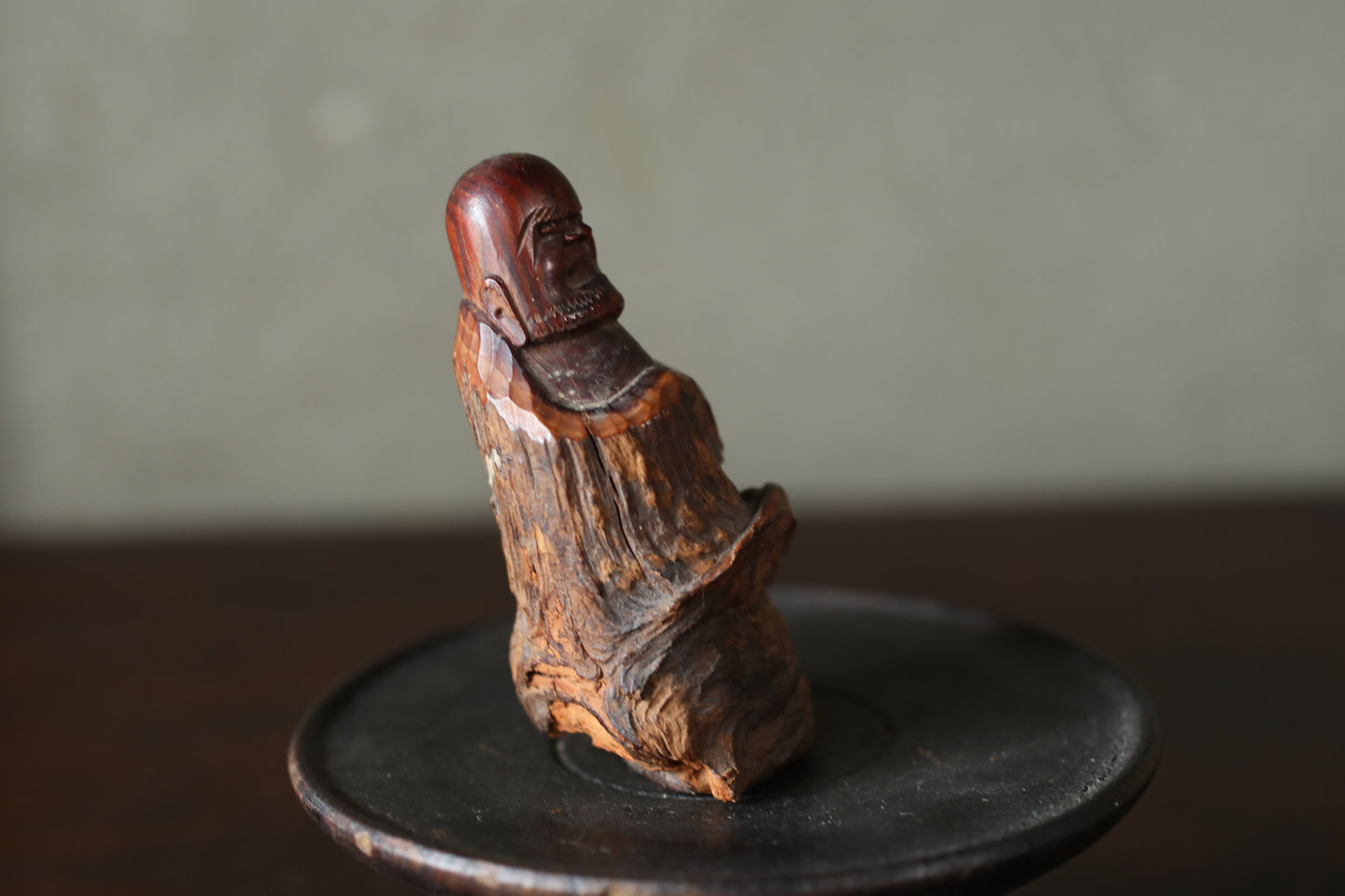 Japanese antique mini sharp eyes DARUMA doll wood slab Burl Sculpture, OMAMORI ZEN master, buddhist monk hand craft art H3.3in/H8.5cm