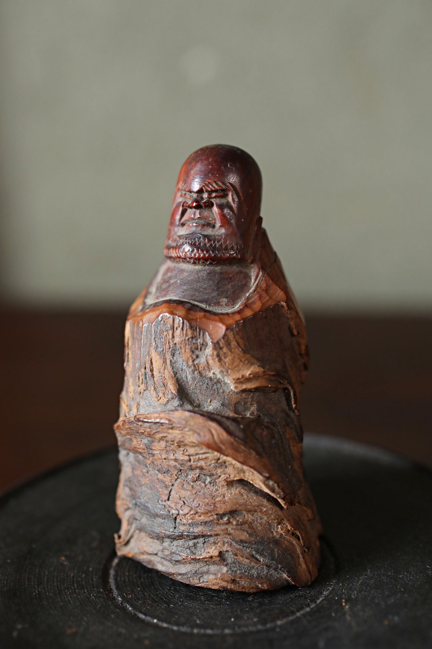 Japanese antique mini sharp eyes DARUMA doll wood slab Burl Sculpture, OMAMORI ZEN master, buddhist monk hand craft art H3.3in/H8.5cm