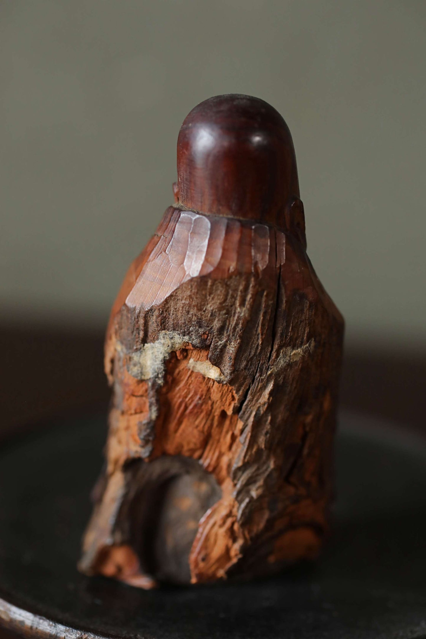 Japanese antique mini sharp eyes DARUMA doll wood slab Burl Sculpture, OMAMORI ZEN master, buddhist monk hand craft art H3.3in/H8.5cm