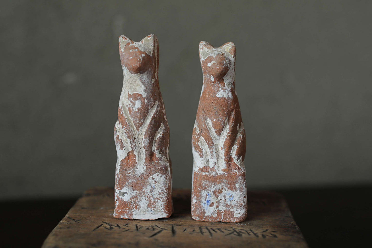 Antique Japanese Kitsune Pottery Dolls, Shinto Shrine Foxes (1910s Pair)
