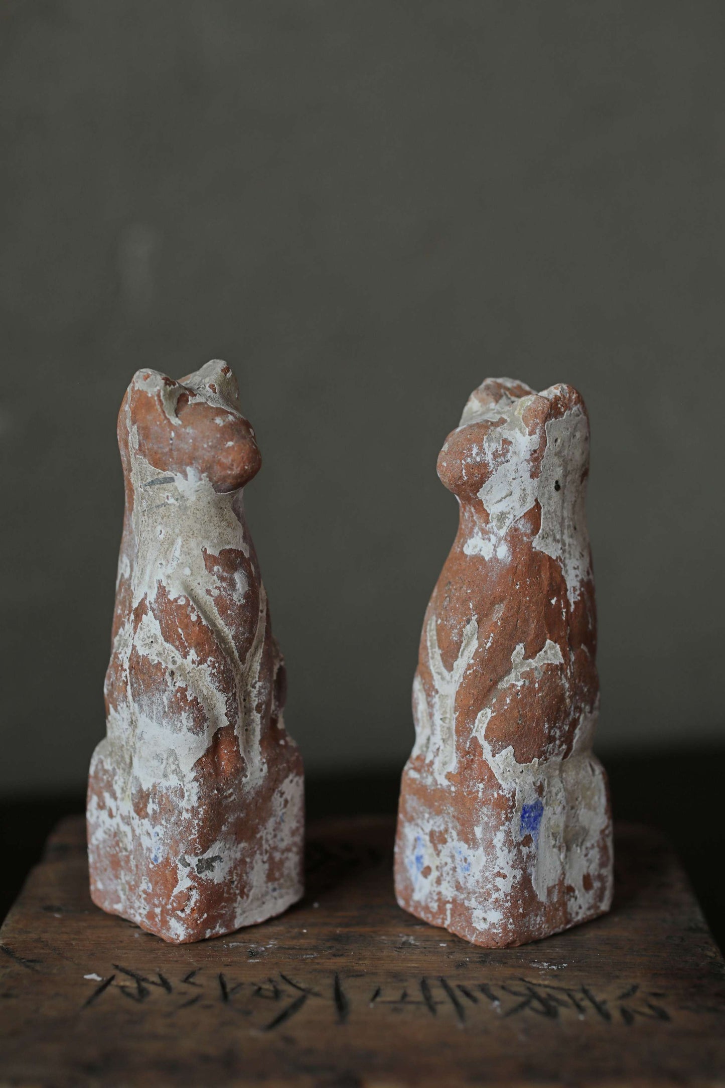 Antique Japanese Kitsune Pottery Dolls, Shinto Shrine Foxes (1910s Pair)