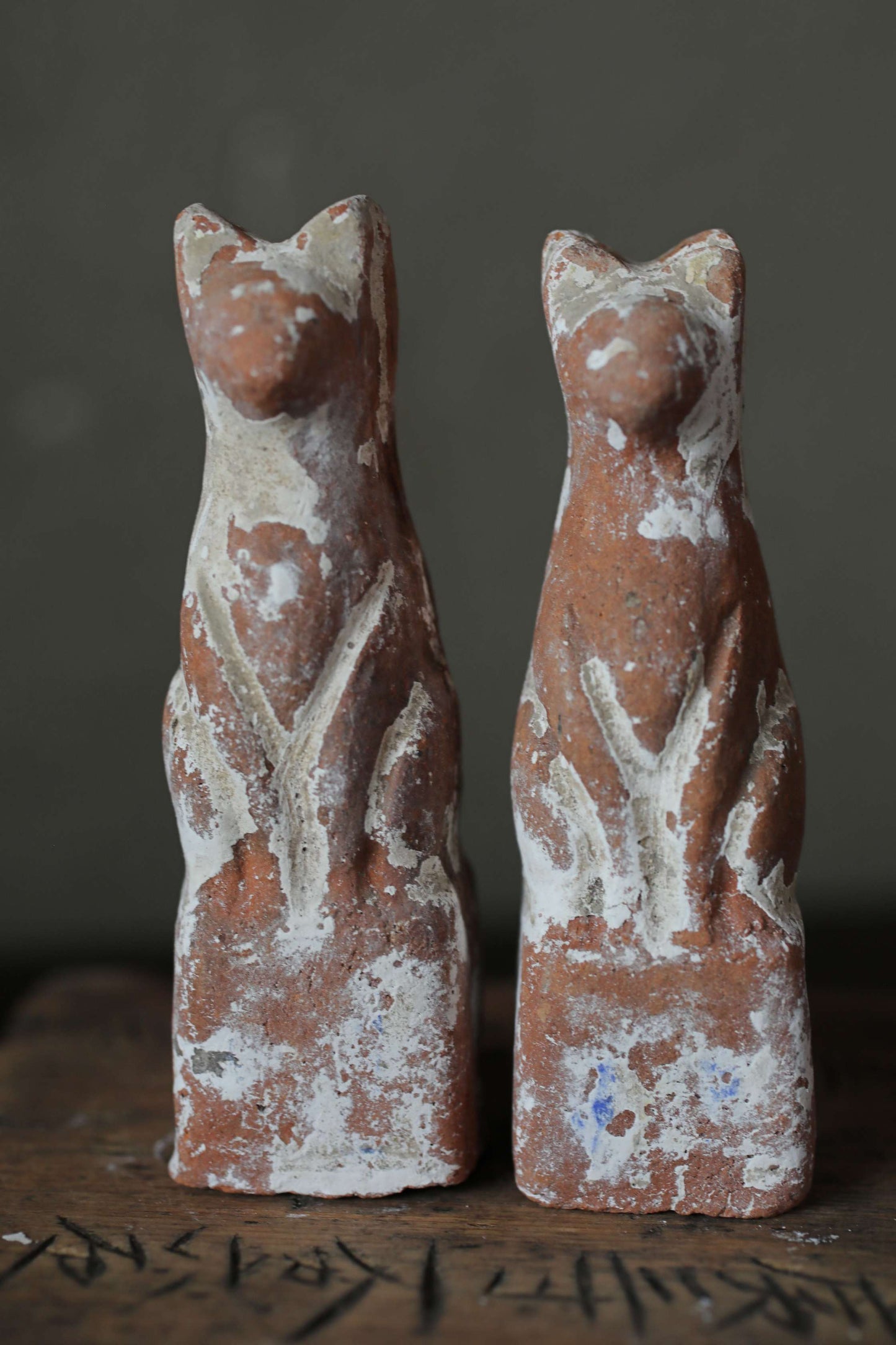 Antique Japanese Kitsune Pottery Dolls, Shinto Shrine Foxes (1910s Pair)