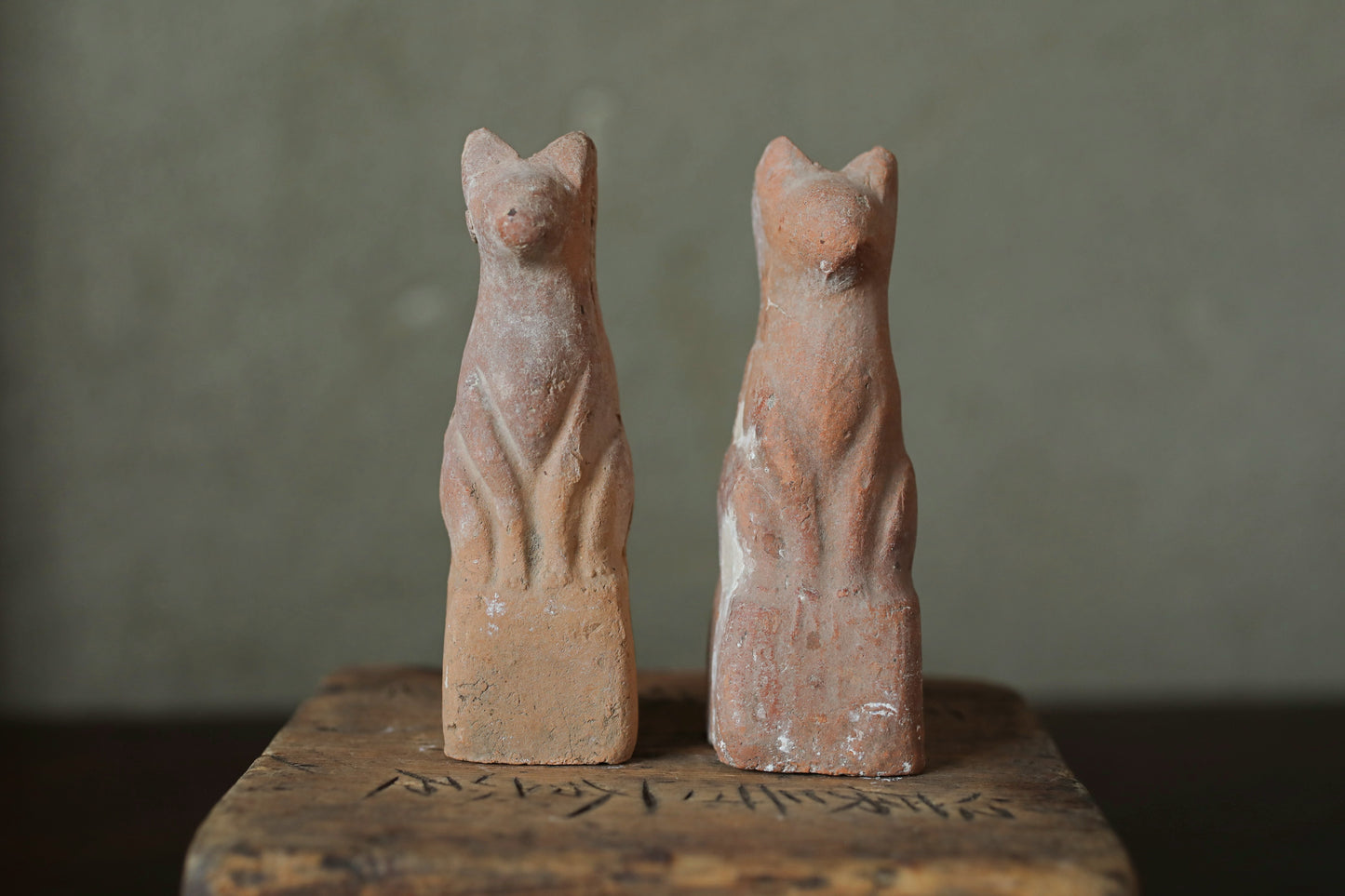 Japanese Antique 1910s pair of KITSUNE dolls Pottery from Shinto shrine Altar Foxes art Japanese guardian deity Okimono H3.5in/9cm