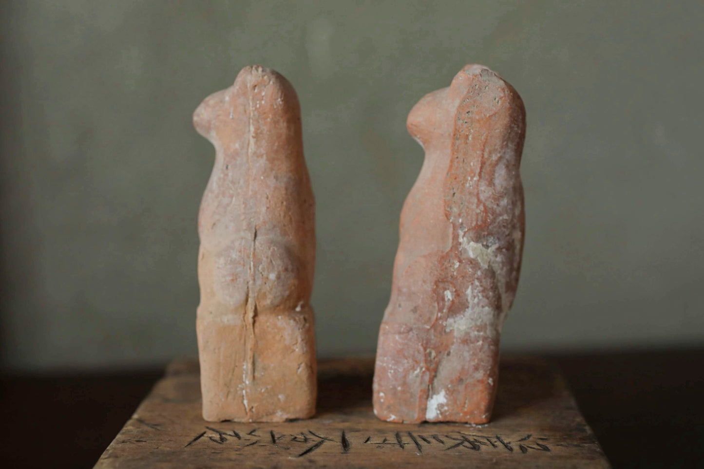 Japanese Antique 1910s pair of KITSUNE dolls Pottery from Shinto shrine Altar Foxes art Japanese guardian deity Okimono H3.5in/9cm