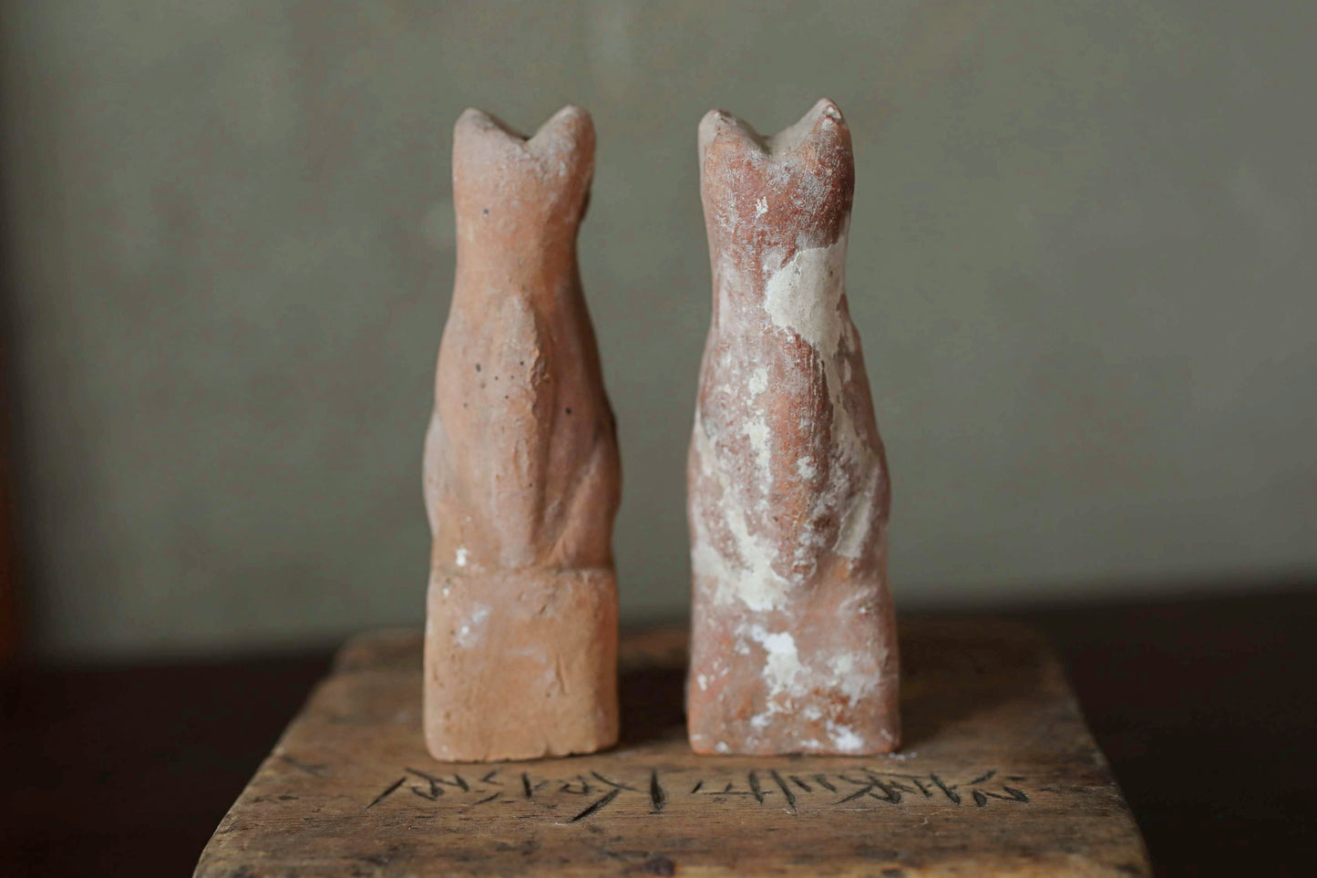 Japanese Antique 1910s pair of KITSUNE dolls Pottery from Shinto shrine Altar Foxes art Japanese guardian deity Okimono H3.5in/9cm