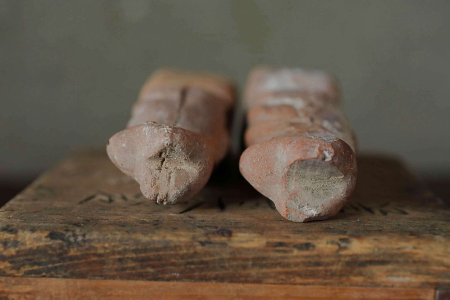 Japanese Antique 1910s pair of KITSUNE dolls Pottery from Shinto shrine Altar Foxes art Japanese guardian deity Okimono H3.5in/9cm