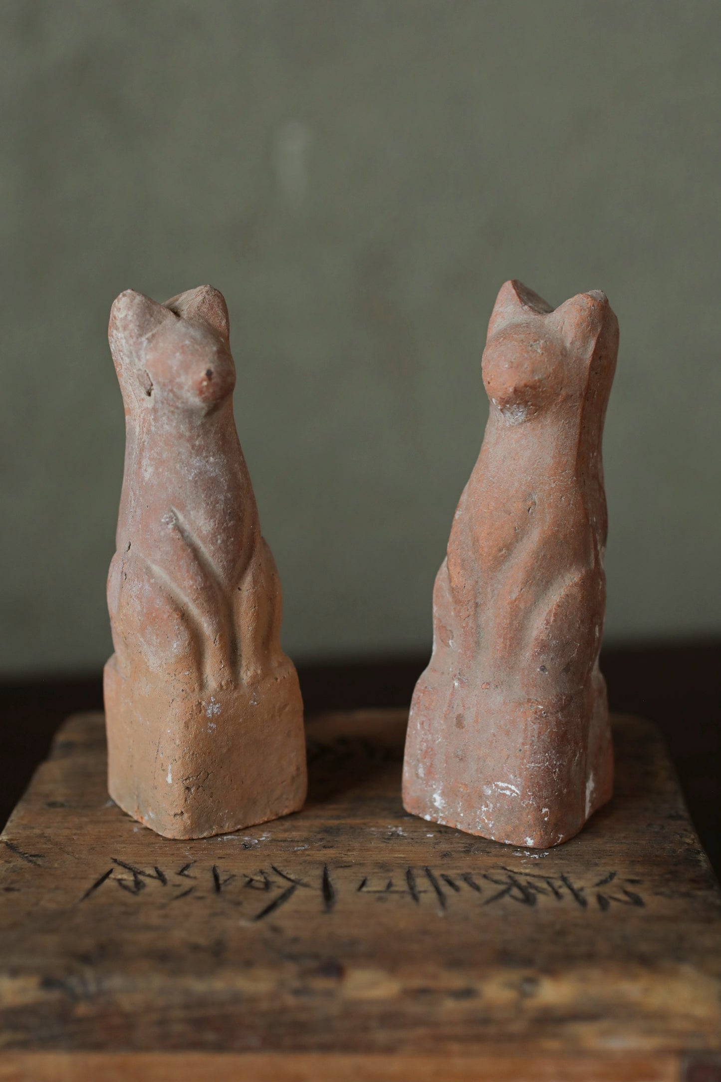 Japanese Antique 1910s pair of KITSUNE dolls Pottery from Shinto shrine Altar Foxes art Japanese guardian deity Okimono H3.5in/9cm