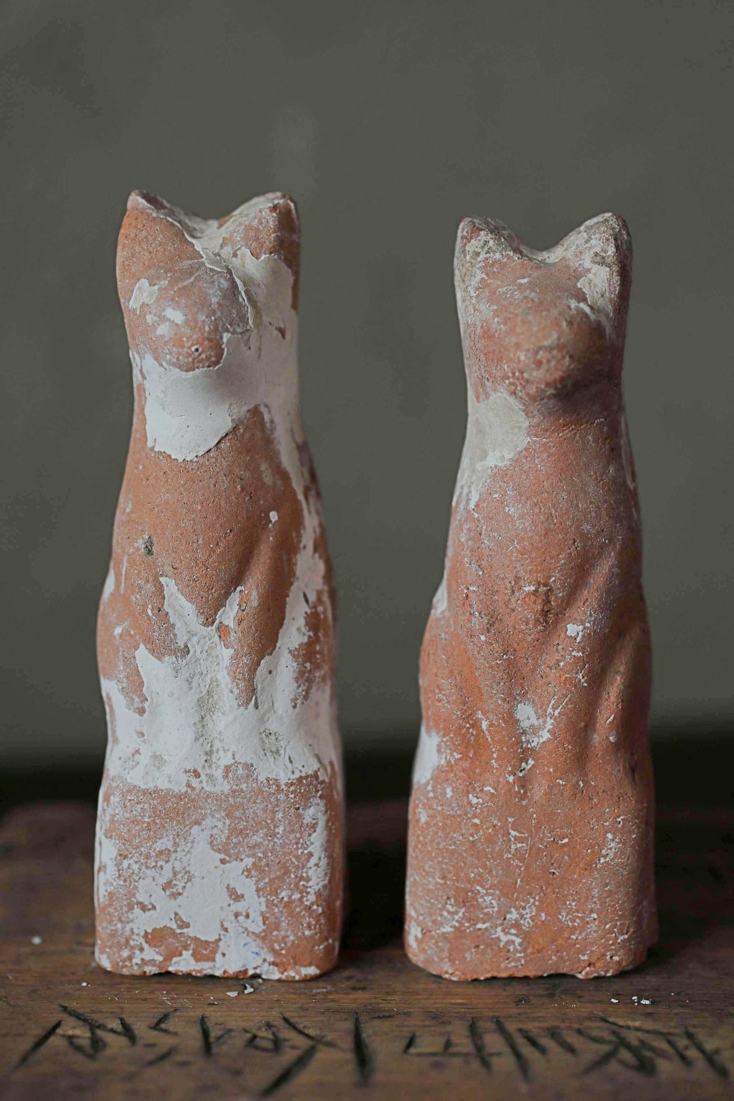 Japanese Antique 1910s pair of KITSUNE dolls Pottery from Shinto shrine Altar Foxes art Japanese guardian deity Okimono H3.5in/9cm