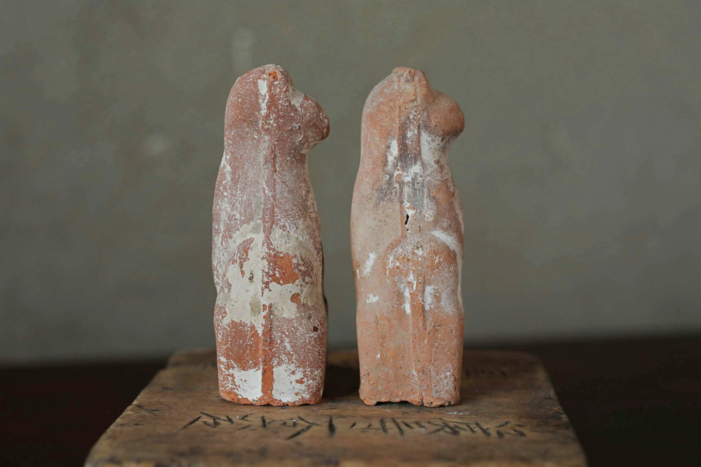 Japanese Antique 1910s pair of KITSUNE dolls Pottery from Shinto shrine Altar Foxes art Japanese guardian deity Okimono H3.5in/9cm