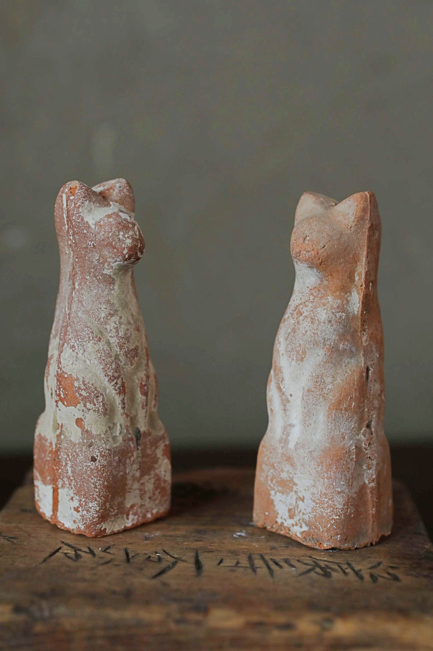 Japanese Antique 1910s pair of KITSUNE dolls Pottery from Shinto shrine Altar Foxes art Japanese guardian deity Okimono H3.5in/9cm