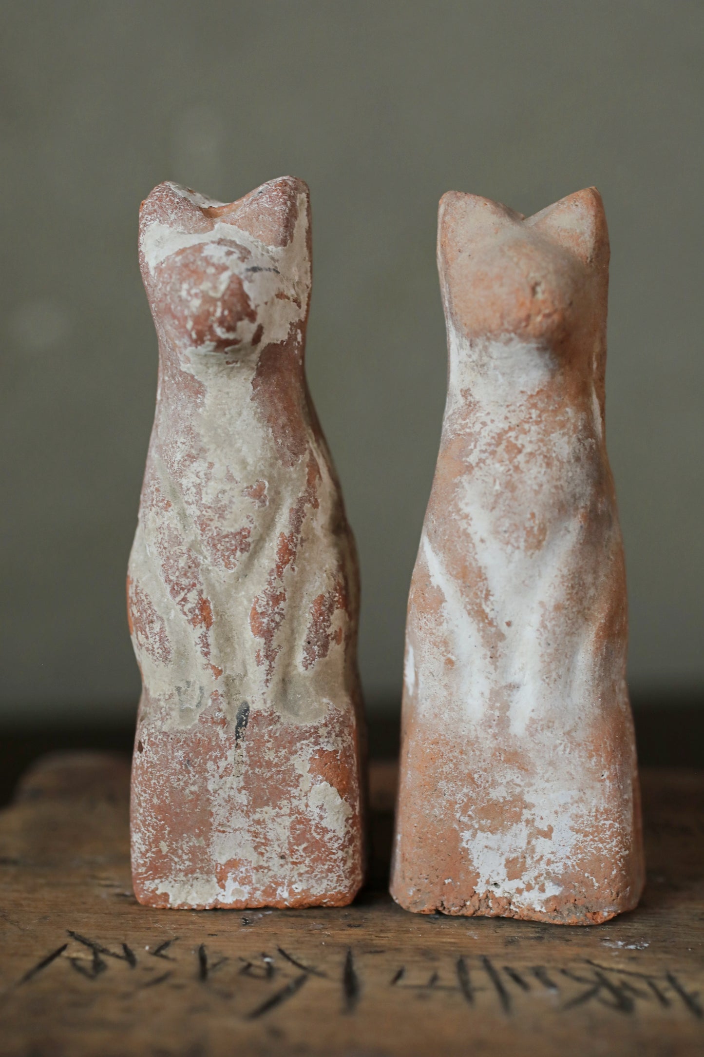 Japanese Antique 1910s pair of KITSUNE dolls Pottery from Shinto shrine Altar Foxes art Japanese guardian deity Okimono H3.5in/9cm