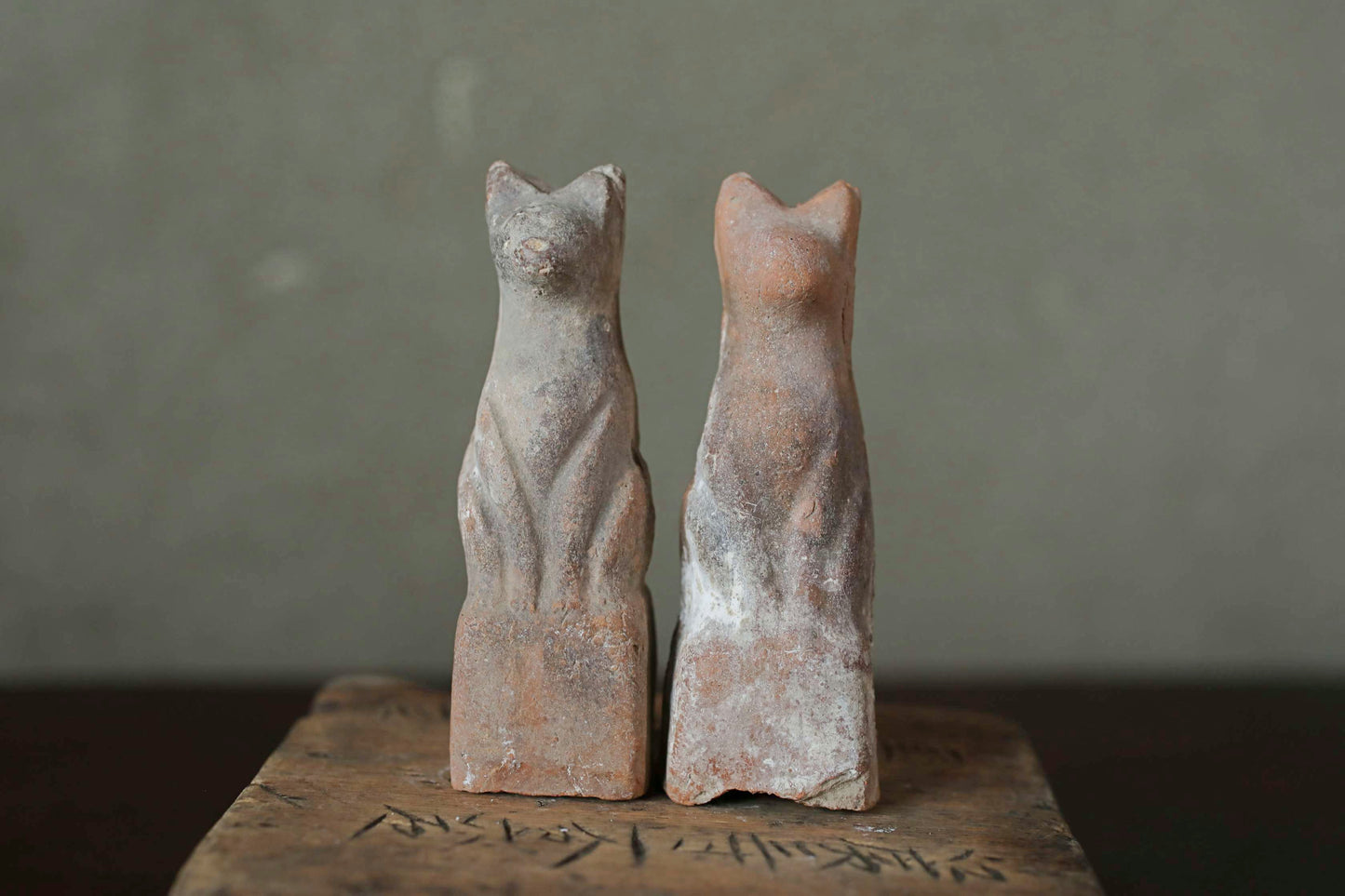 Japanese Antique 1910s pair of KITSUNE dolls Pottery from Shinto shrine Altar Foxes art Japanese guardian deity Okimono H3.5in/9cm