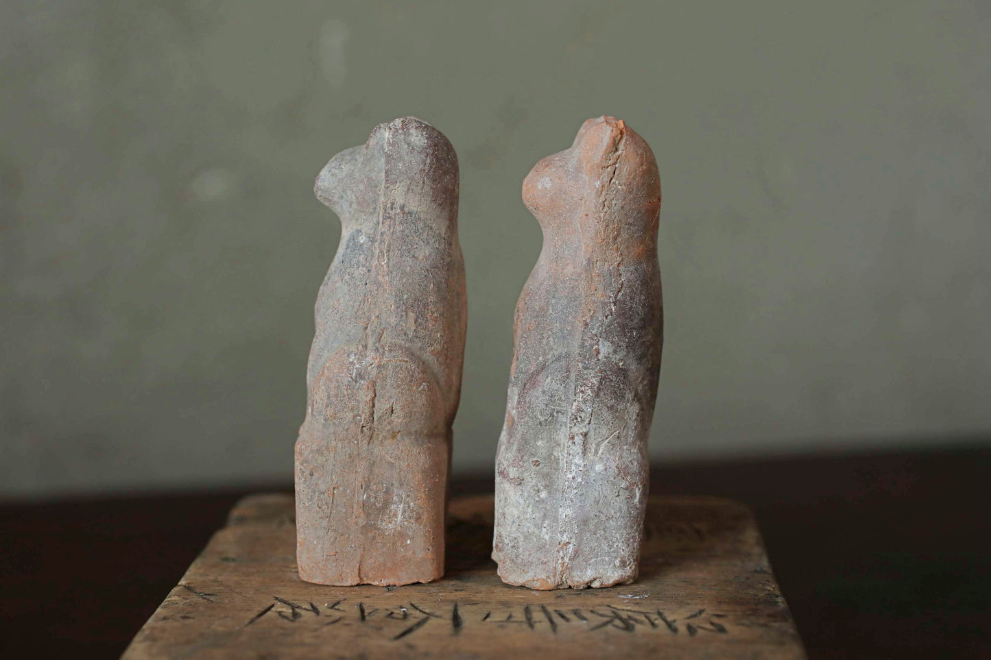 Japanese Antique 1910s pair of KITSUNE dolls Pottery from Shinto shrine Altar Foxes art Japanese guardian deity Okimono H3.5in/9cm