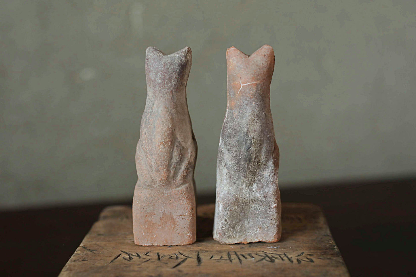 Japanese Antique 1910s pair of KITSUNE dolls Pottery from Shinto shrine Altar Foxes art Japanese guardian deity Okimono H3.5in/9cm