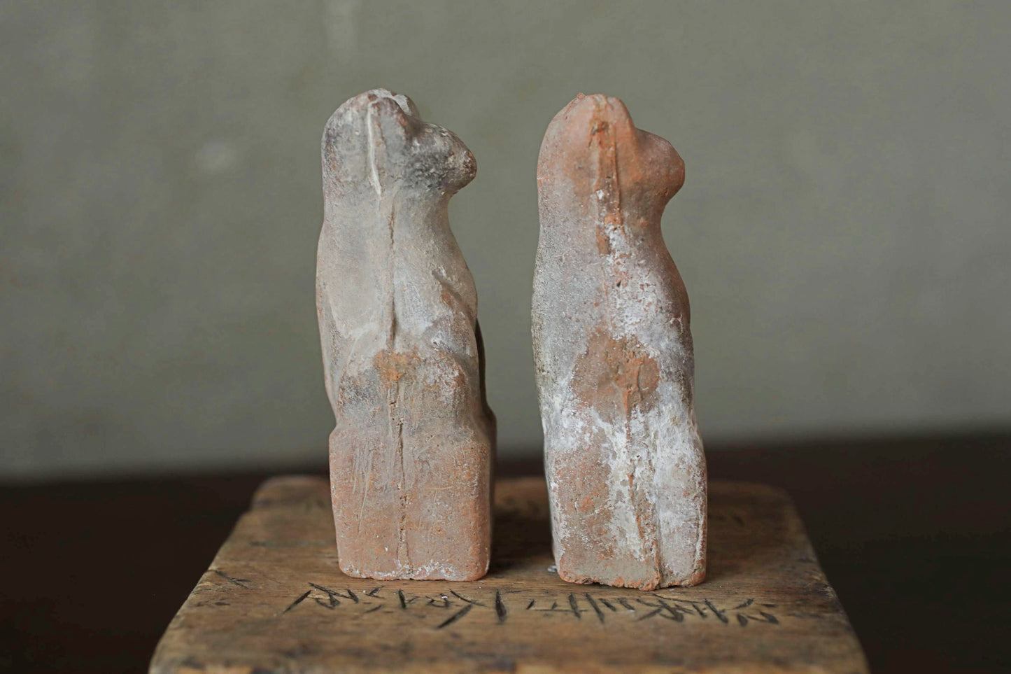 Japanese Antique 1910s pair of KITSUNE dolls Pottery from Shinto shrine Altar Foxes art Japanese guardian deity Okimono H3.5in/9cm