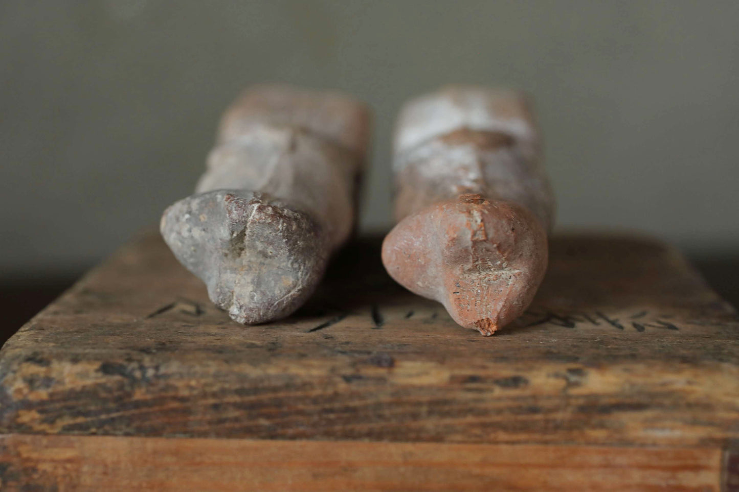 Japanese Antique 1910s pair of KITSUNE dolls Pottery from Shinto shrine Altar Foxes art Japanese guardian deity Okimono H3.5in/9cm