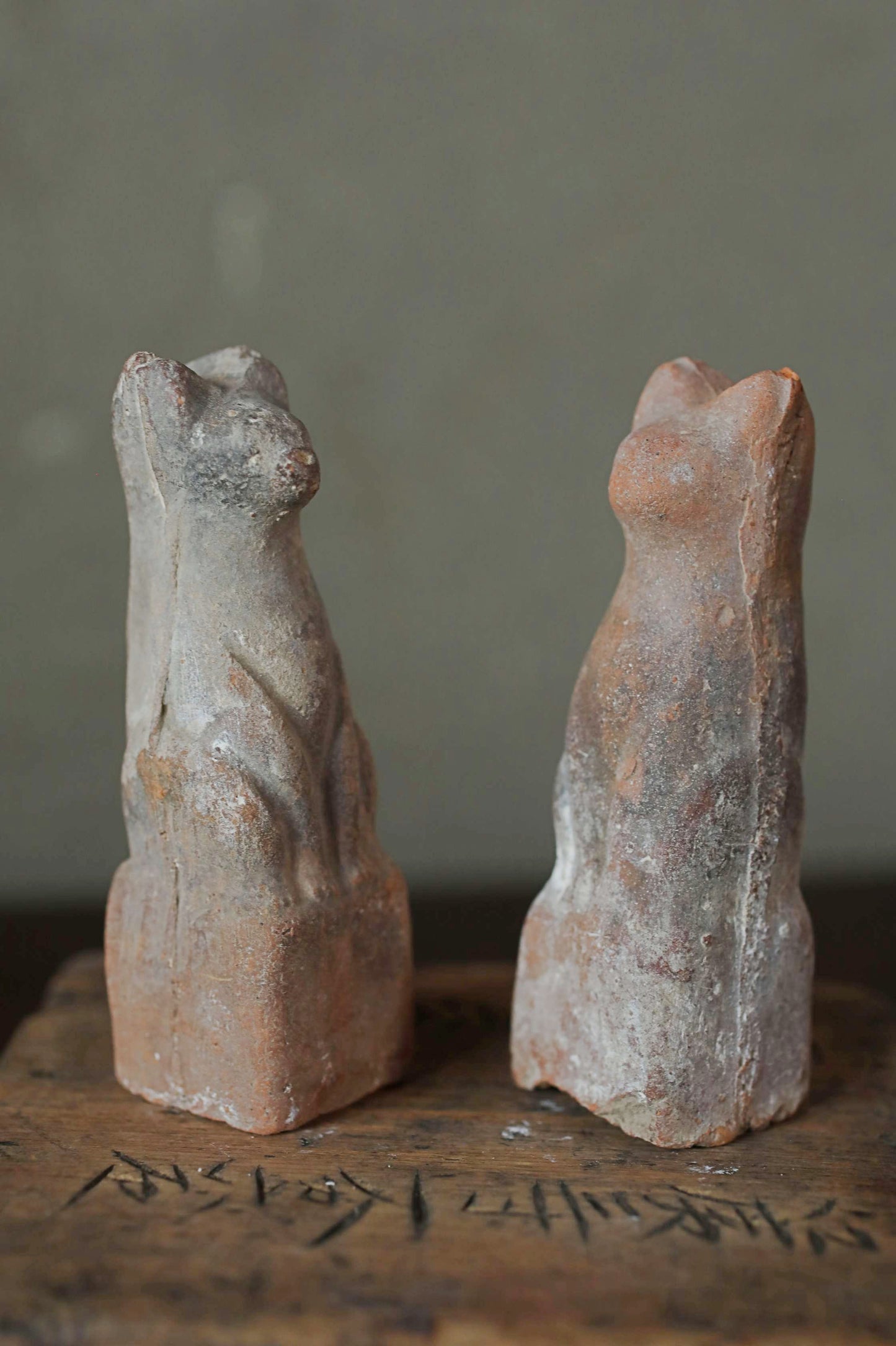 Japanese Antique 1910s pair of KITSUNE dolls Pottery from Shinto shrine Altar Foxes art Japanese guardian deity Okimono H3.5in/9cm