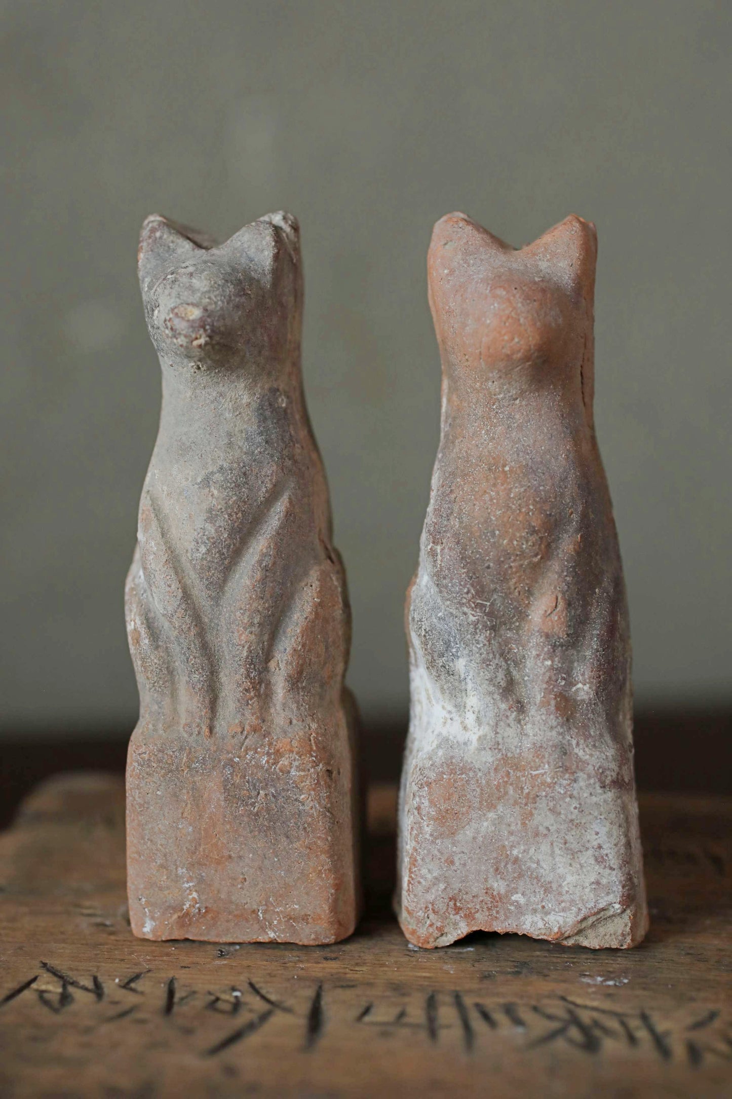 Japanese Antique 1910s pair of KITSUNE dolls Pottery from Shinto shrine Altar Foxes art Japanese guardian deity Okimono H3.5in/9cm