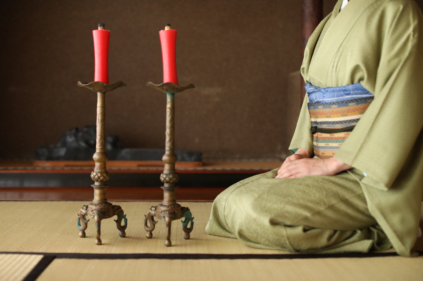 Japanese antique pair of buddhist candlesticks
