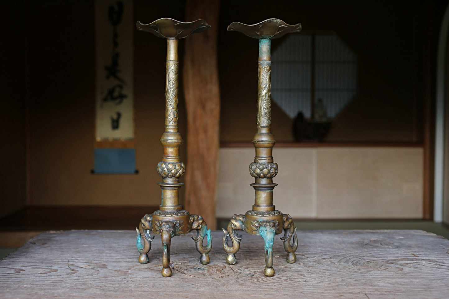 Large! Pair of Japanese Antique Brass candlestick Buddhist temple candle stand metal craft with dragons lions Lotus with sign H16.5in/H42cm