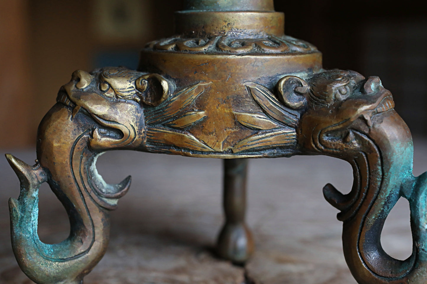 Large! Pair of Japanese Antique Brass candlestick Buddhist temple candle stand metal craft with dragons lions Lotus with sign H16.5in/H42cm