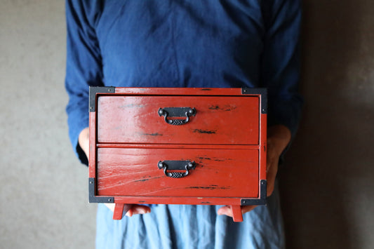 Japanese vintage furniture Small lacquer Chest of drawers "tansu" red & black urushi lacquer  wood hand craft H6.7×W8.7×11.8in/H17×22×30cm