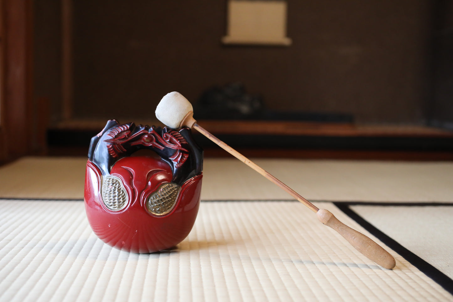 Wooden Fish drum gong"mokugyo" Buddhist tools red, black, gold lacquer with stick Japanese Chanting Musical Drum ornament H7.3in/H18.5cm